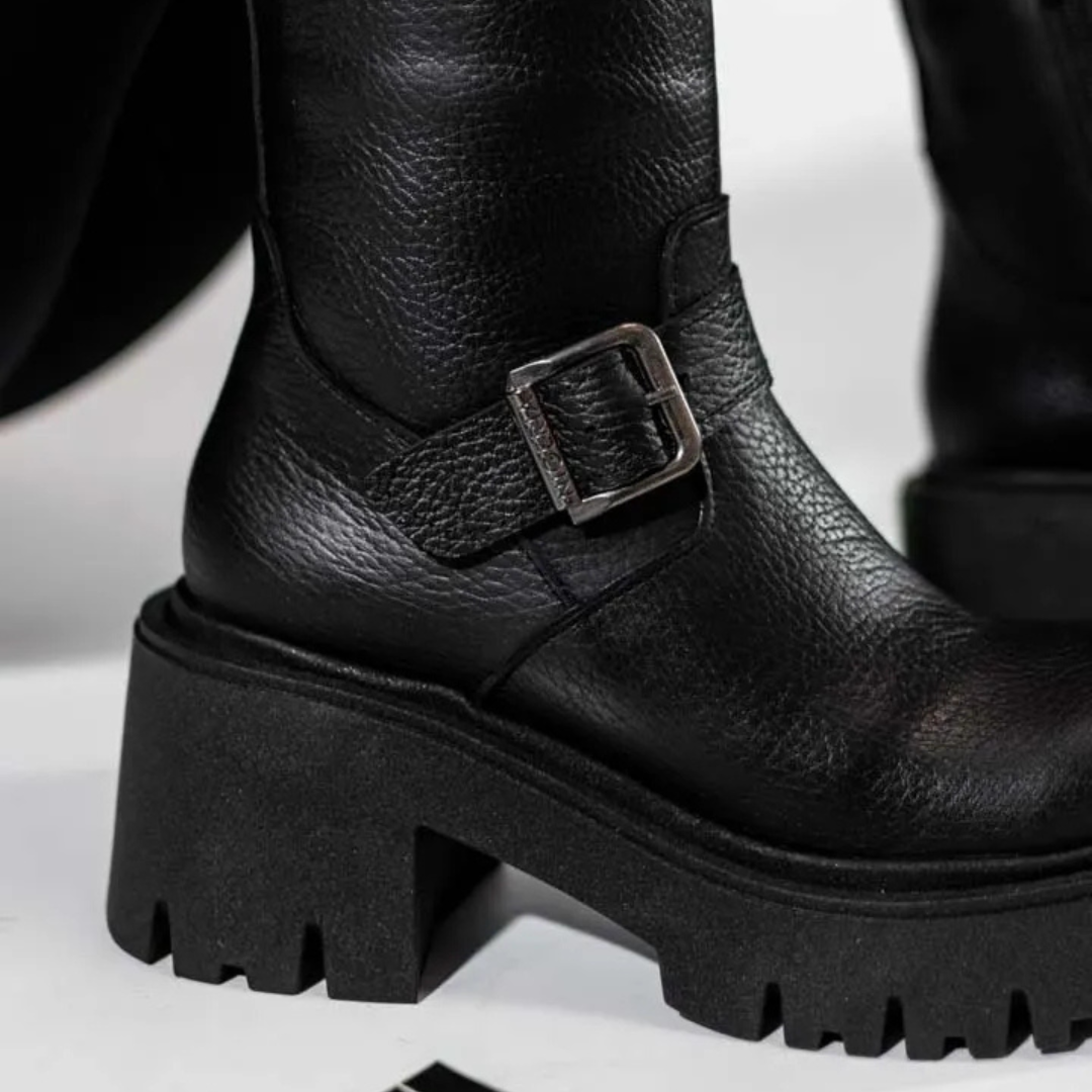 Botas de cuero para mujer con tacon bajo y hebilla decorativa®