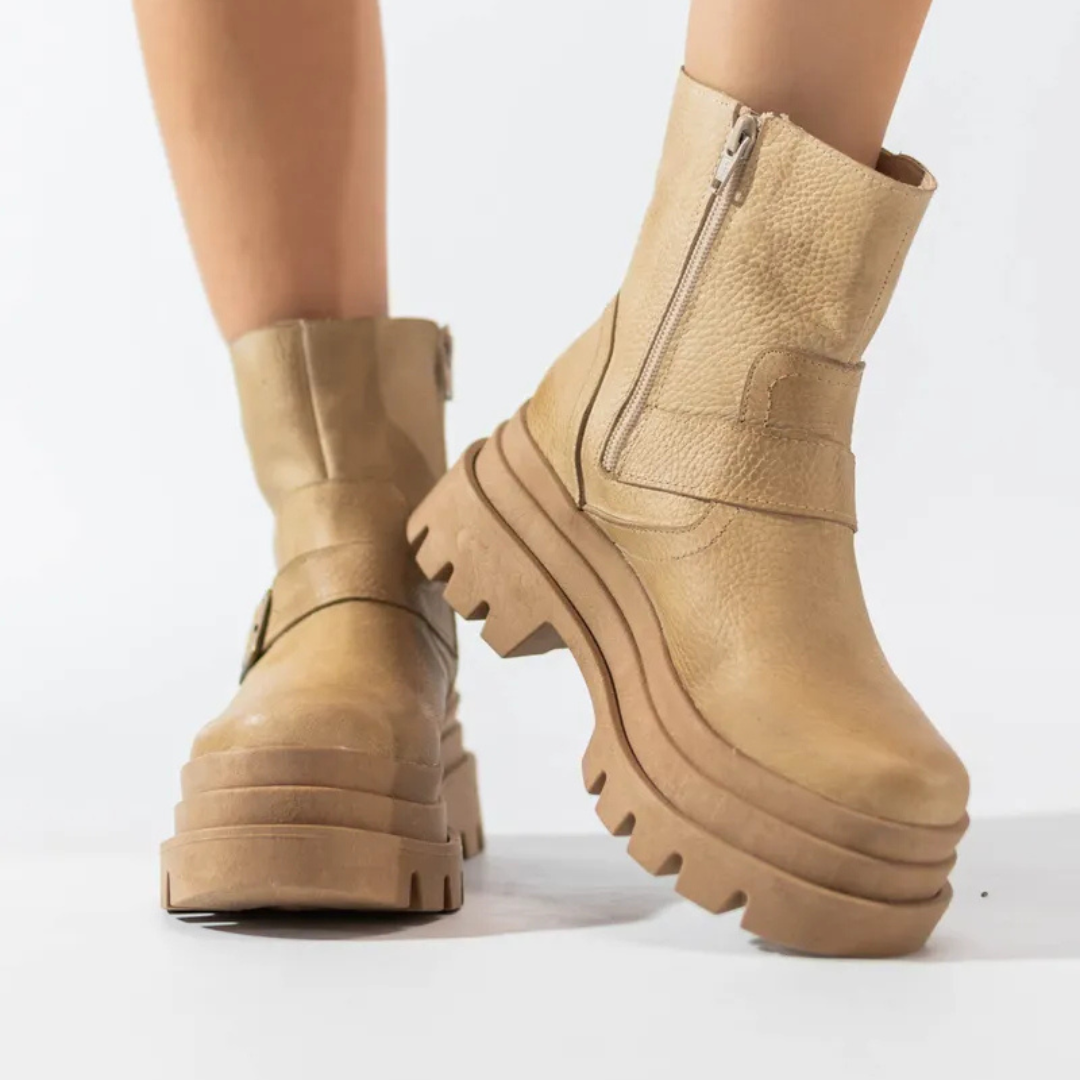 Botas de cuero para mujer con tacon bajo y hebilla decorativa®