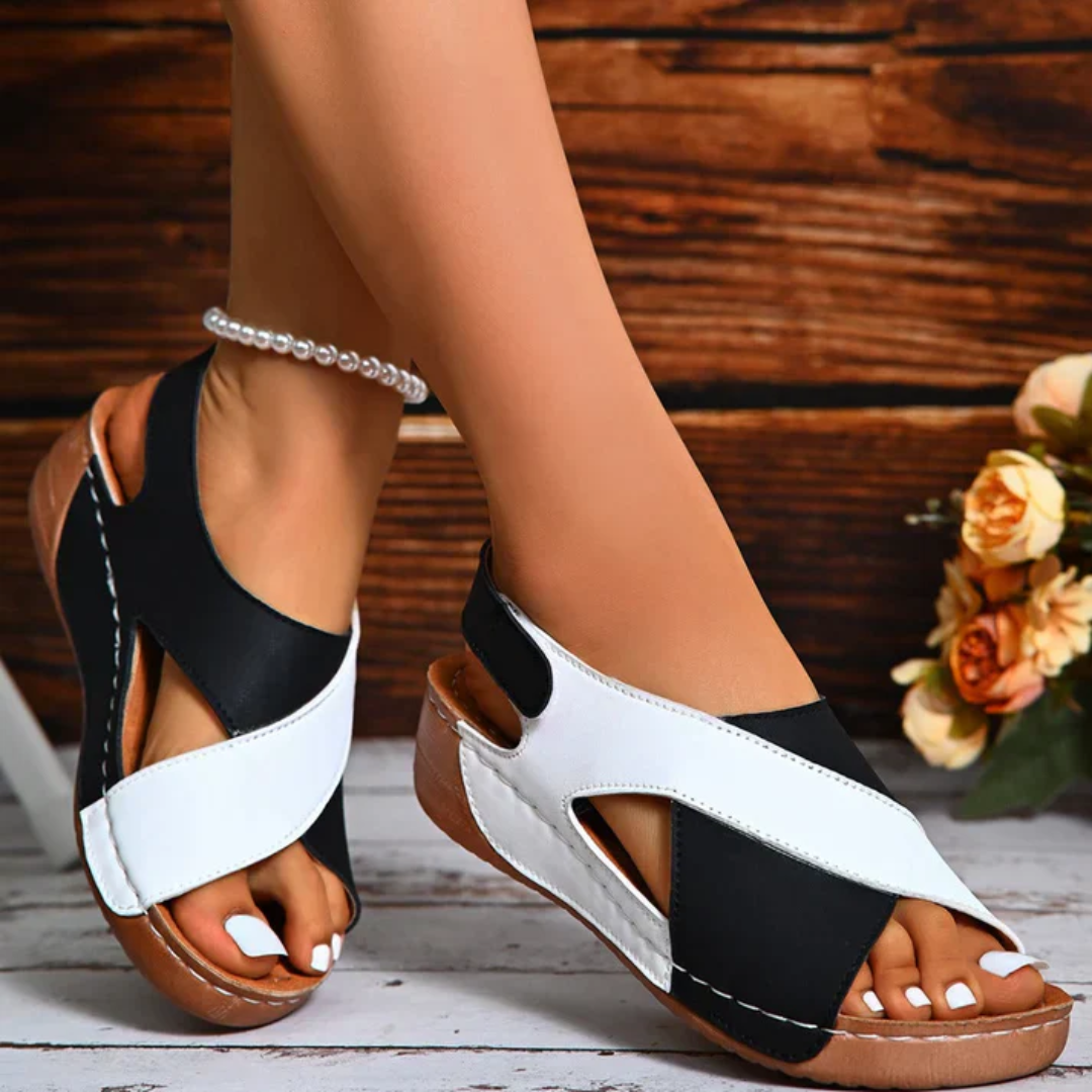 Sandalias ortopédicas bicolor para mujer con suela antideslizante y diseño de tiras cruzadas