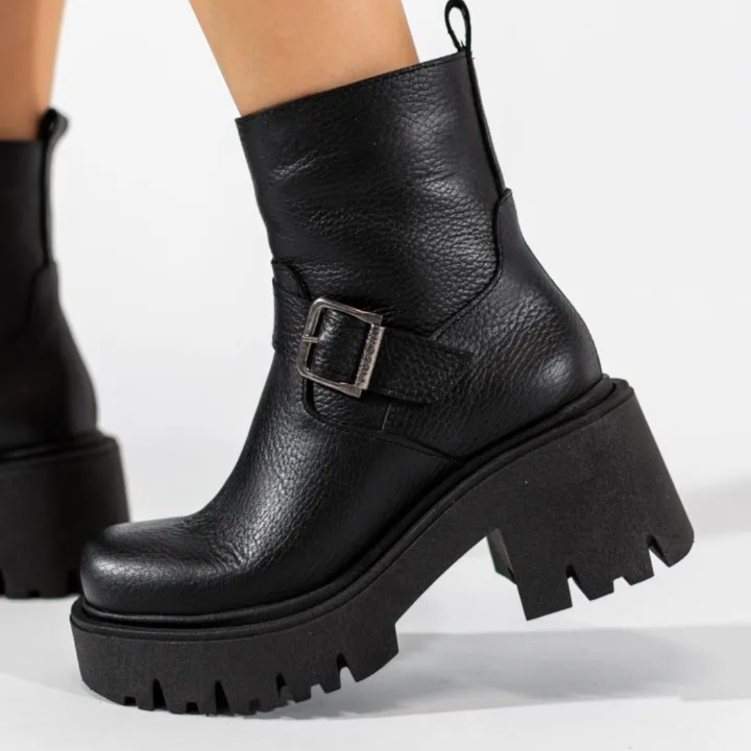 Botas de cuero para mujer con tacon bajo y hebilla decorativa®