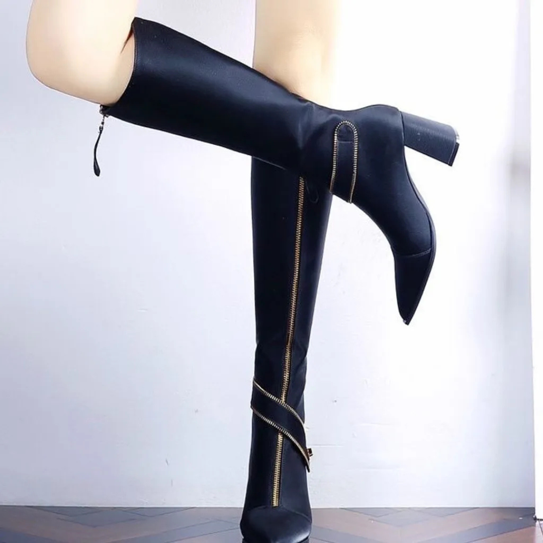 Botas altas de mujer de cuero con cremallera frontal y tacón grueso
